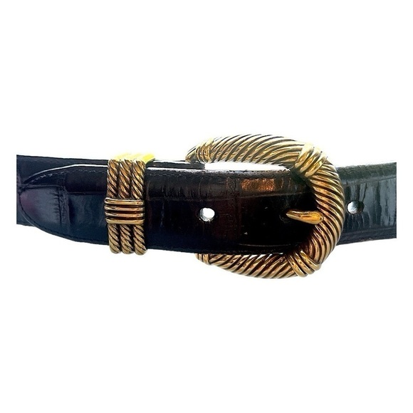 Vintage Brighton Black Crocodile Grain Leather Belt Gold Tone Buckle Sz 34 - Picture 4 of 7